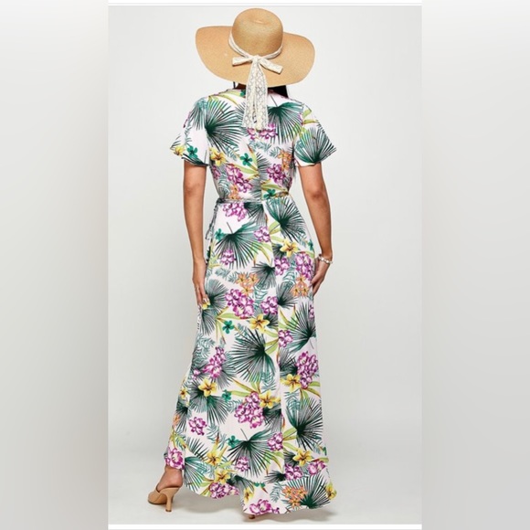 NWT Purple White Multi Tropical Print V Neck Plus Size Wrap Dress Bohemian - Picture 5 of 8